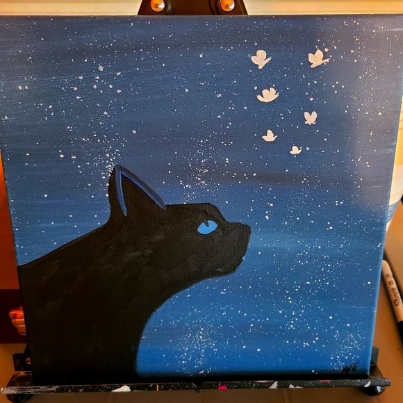Canvas Art 12" x 12" "Cat w/Fireflies" - Picture 1 of 1